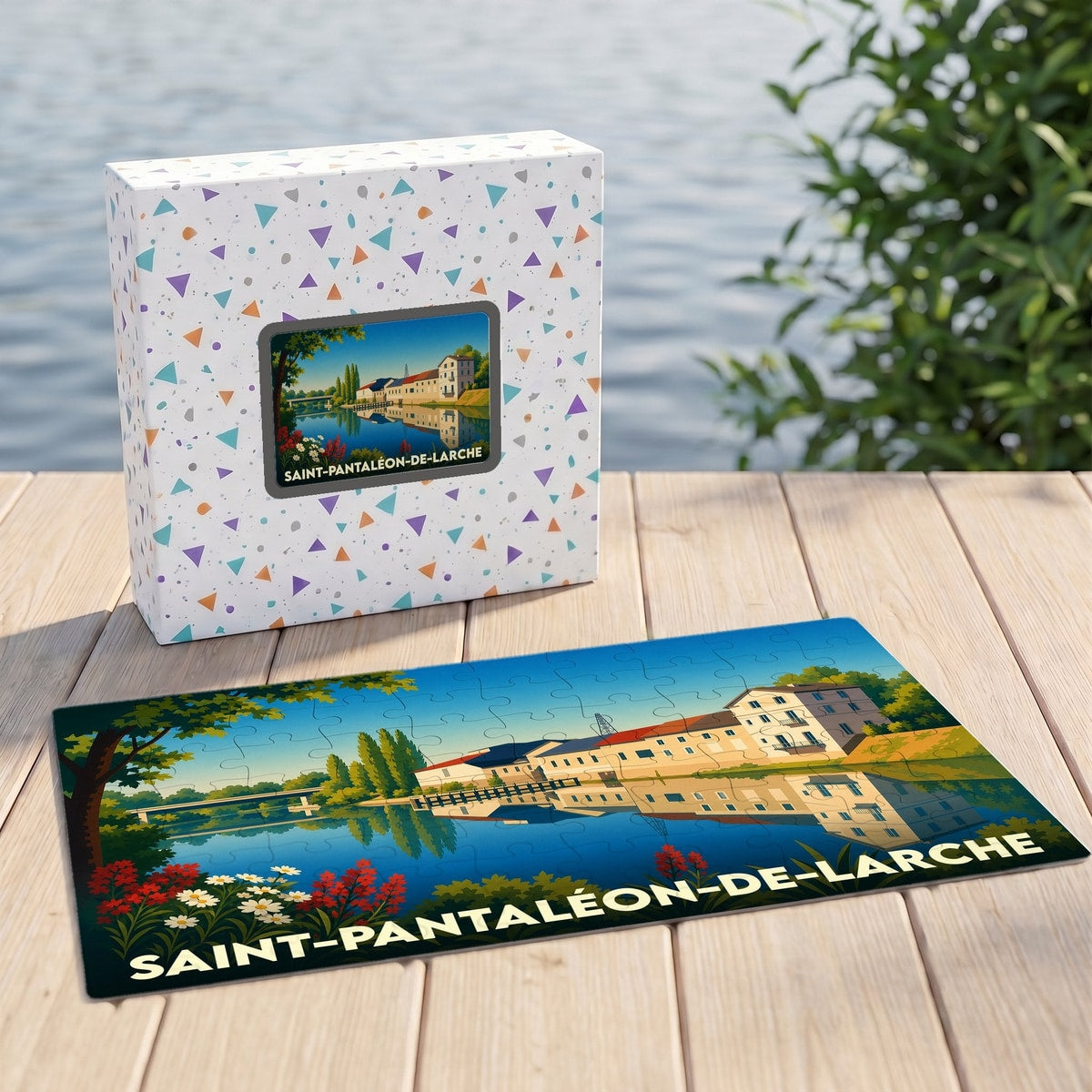 Puzzle souvenir de la ville de Saint-Pantaléon-de-Larche avec une illustration stylisée d'un paysage de bord de rivière.