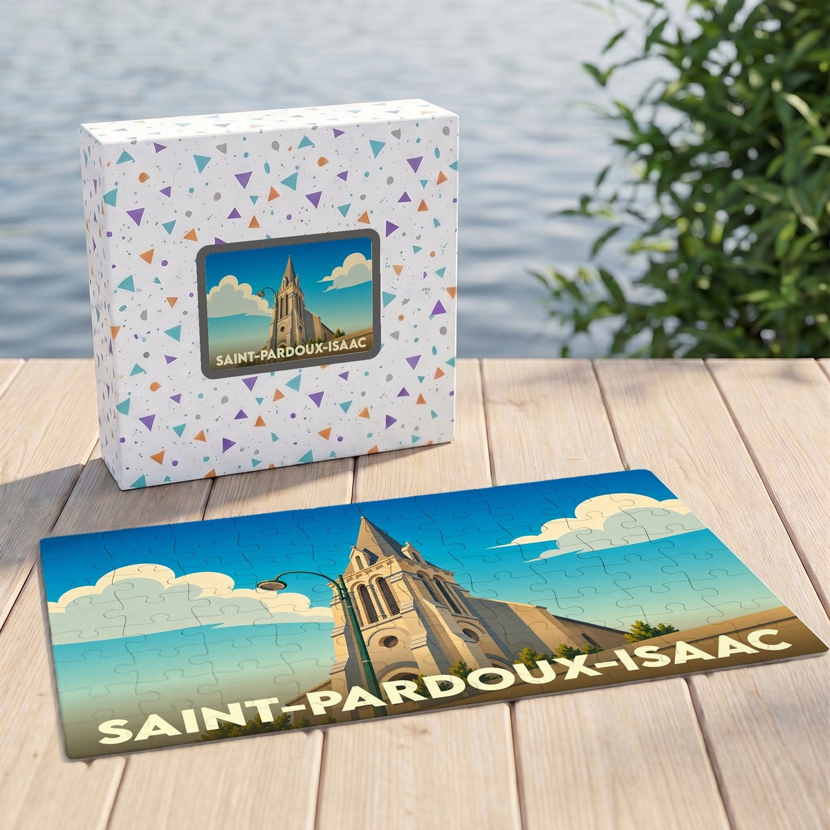 Puzzle souvenir de la ville de Saint-Pardoux-Isaac avec une illustration stylisée de son église.