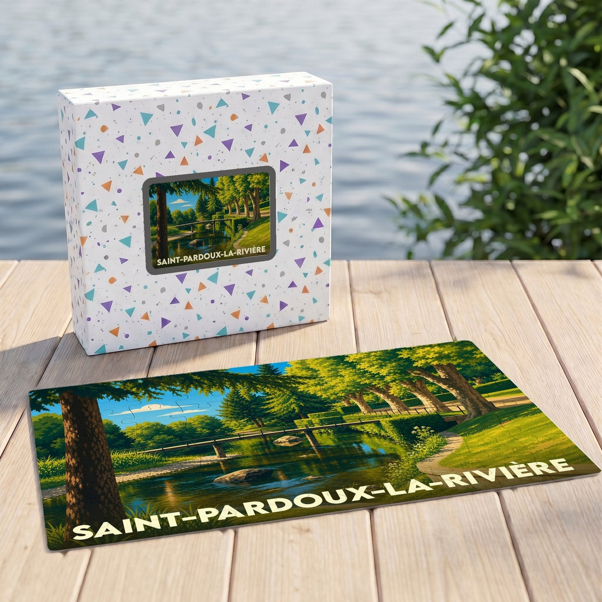 Puzzle souvenir de la ville de Saint-Pardoux-la-Rivière avec une illustration stylisée d'un paysage de rivière.