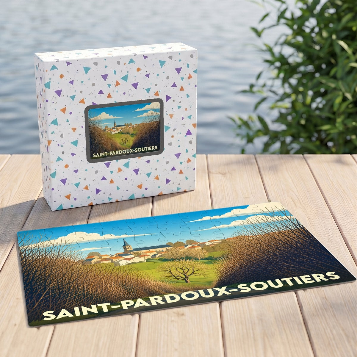 Puzzle souvenir de la ville de Saint-Pardoux-Soutiers avec une illustration paysagère stylisée.