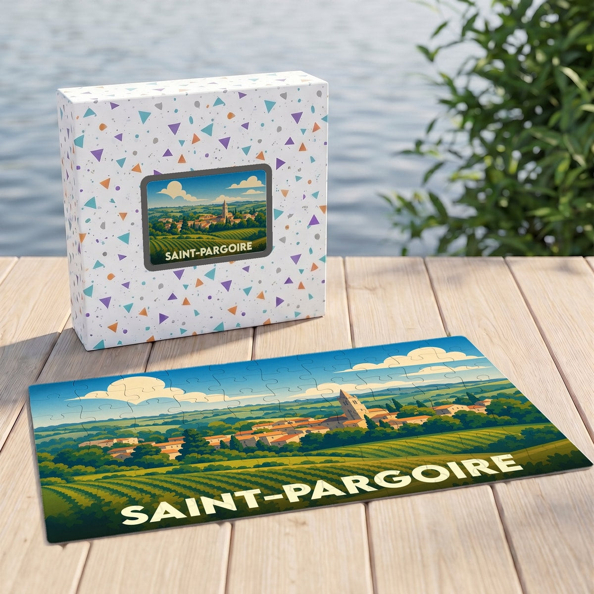 Puzzle souvenir de la ville de Saint-Pargoire avec une illustration stylisée de son paysage vallonné.