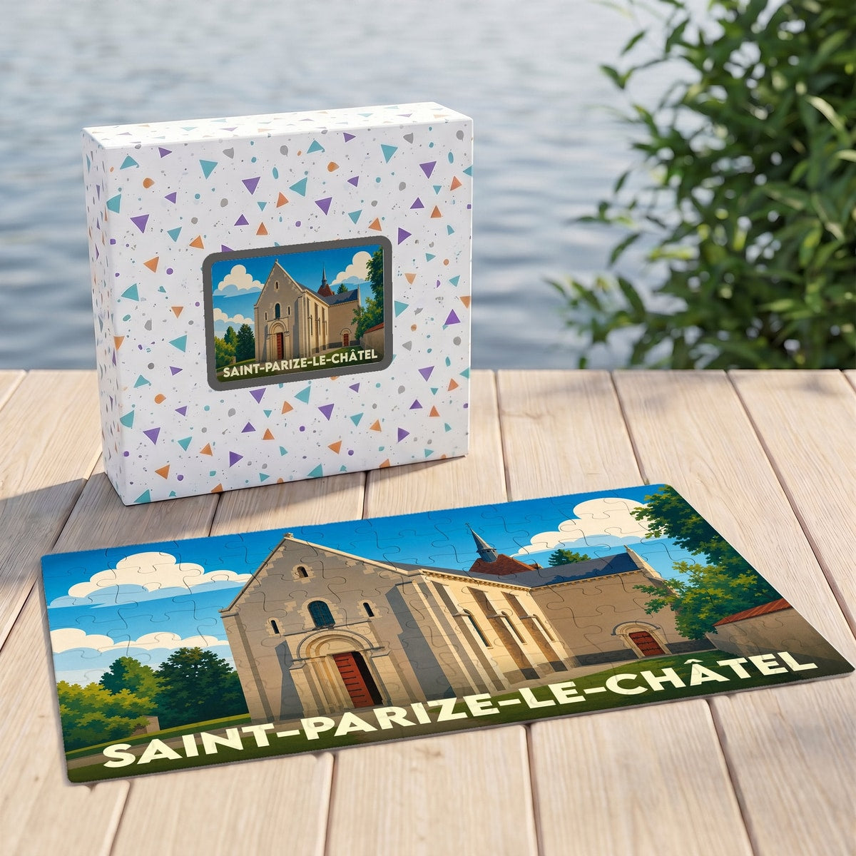 Puzzle souvenir de la ville de Saint-Parize-le-Châtel avec une illustration stylisée d'une église historique.