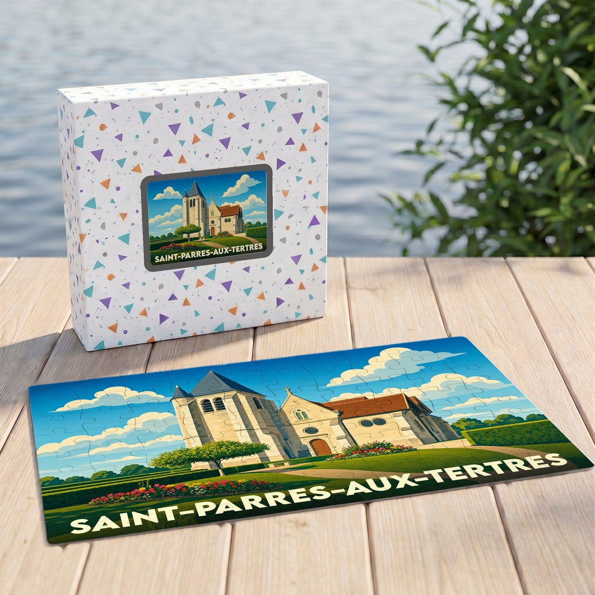 Puzzle souvenir de la ville de Saint-Parres-aux-Tertres illustré d'une église de style dessin animé.