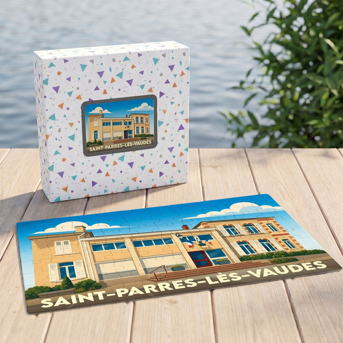 Puzzle souvenir de la ville de Saint-Parres-lès-Vaudes avec une illustration stylisée de sa mairie.