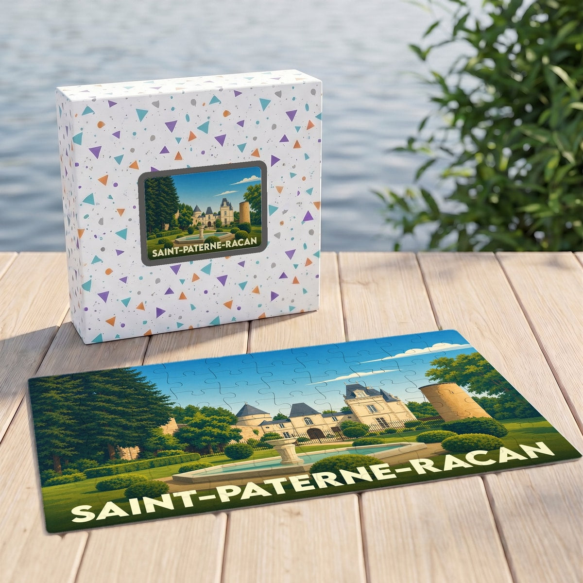 Puzzle souvenir de la ville de Saint-Paterne-Racan avec une illustration stylisée de son château.