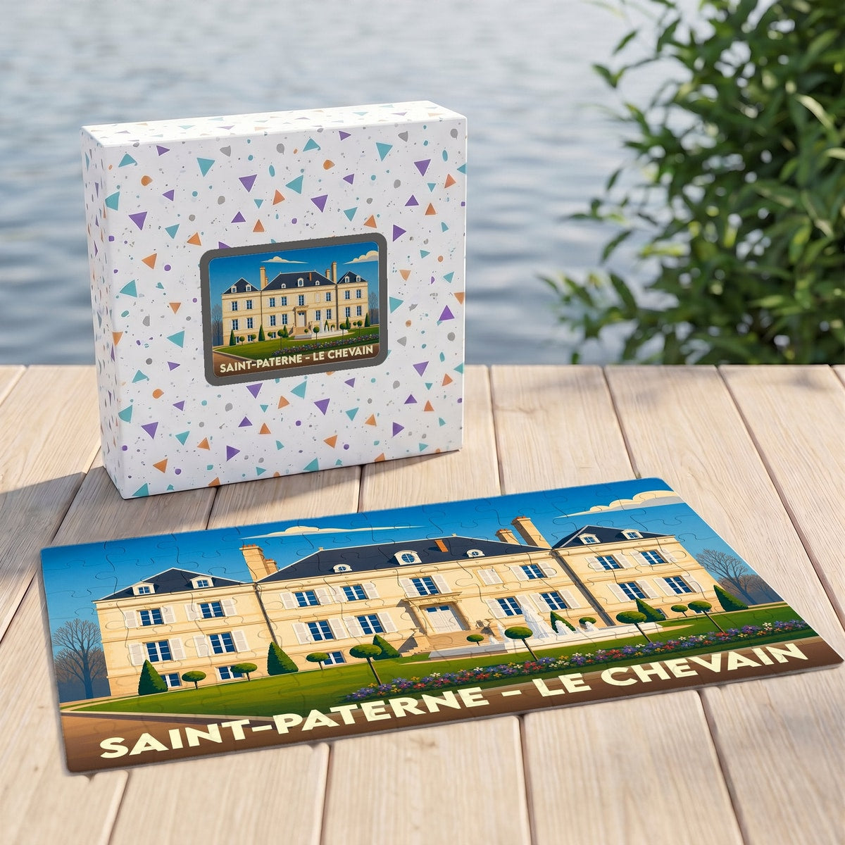 Puzzle souvenir de la ville de Saint-Paterne représentant une demeure historique avec une illustration stylisée.