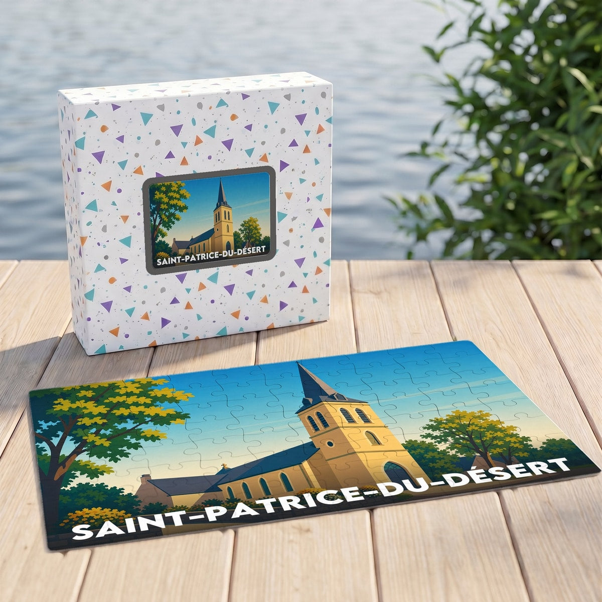 Puzzle souvenir de la ville de Saint-Patrice-du-Désert avec une illustration stylisée d'une église.