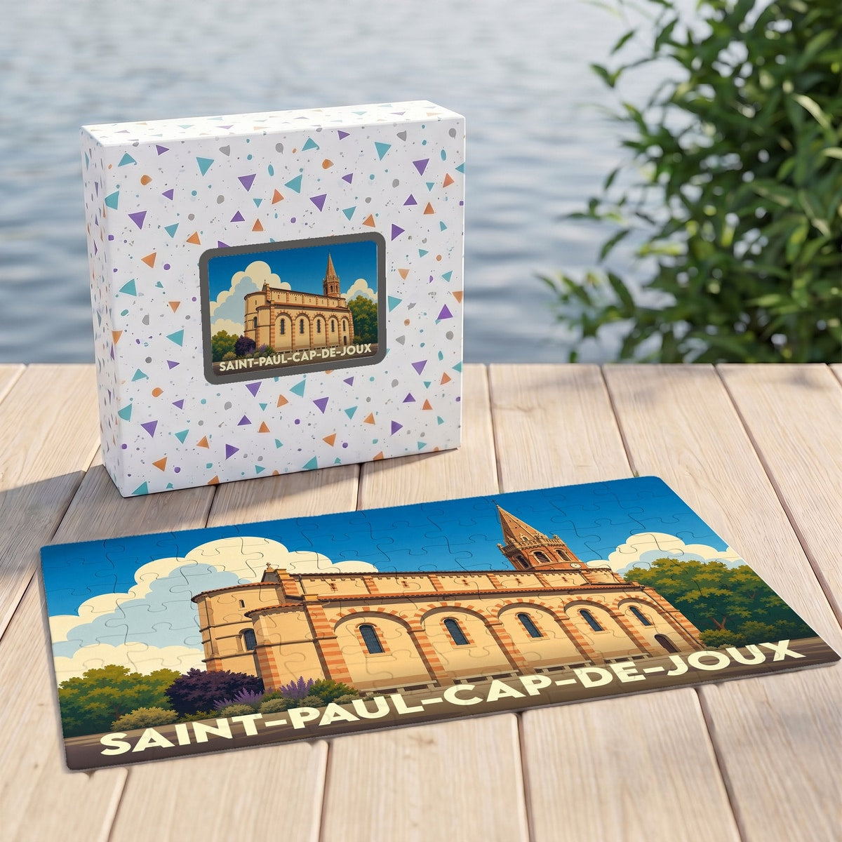 Puzzle souvenir de la ville de Saint-Paul-Cap-de-Joux avec une illustration stylisée de son église.