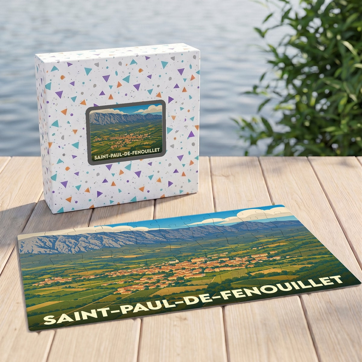 Puzzle souvenir de la ville de Saint-Paul-de-Fenouillet illustré d'un paysage panoramique stylisé.