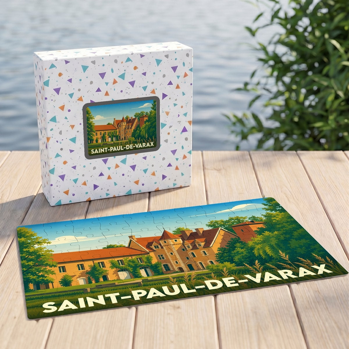 Puzzle souvenir de la ville de Saint-Paul-de-Varax avec une illustration stylisée d'un château.