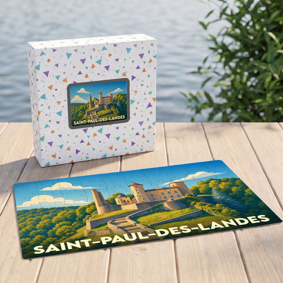 Puzzle souvenir de la ville de Saint-Paul-des-Landes avec une illustration stylisée d'un château.