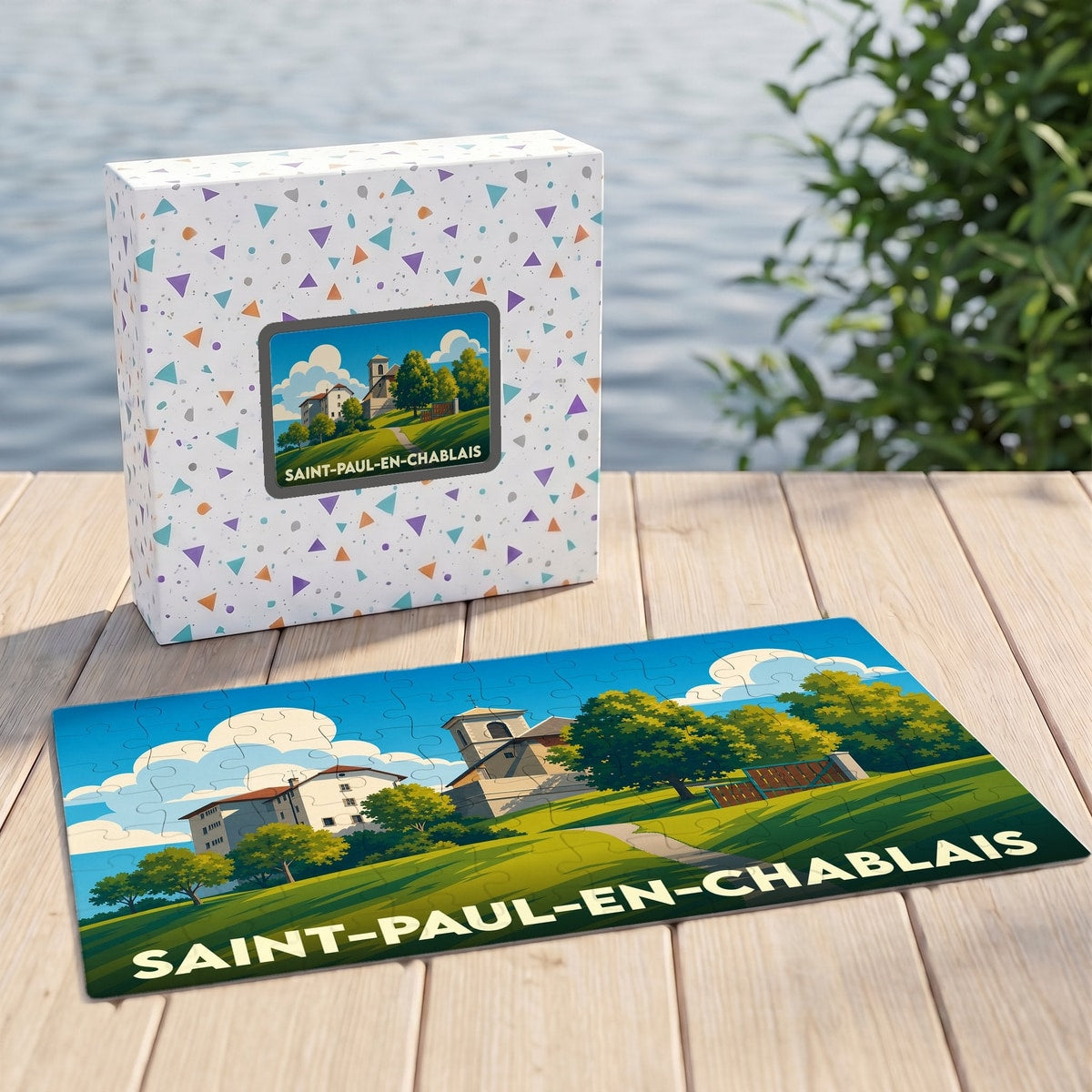 Puzzle souvenir de la ville de Saint-Paul-en-Chablais avec son coffret, illustré par un paysage stylisé du village.