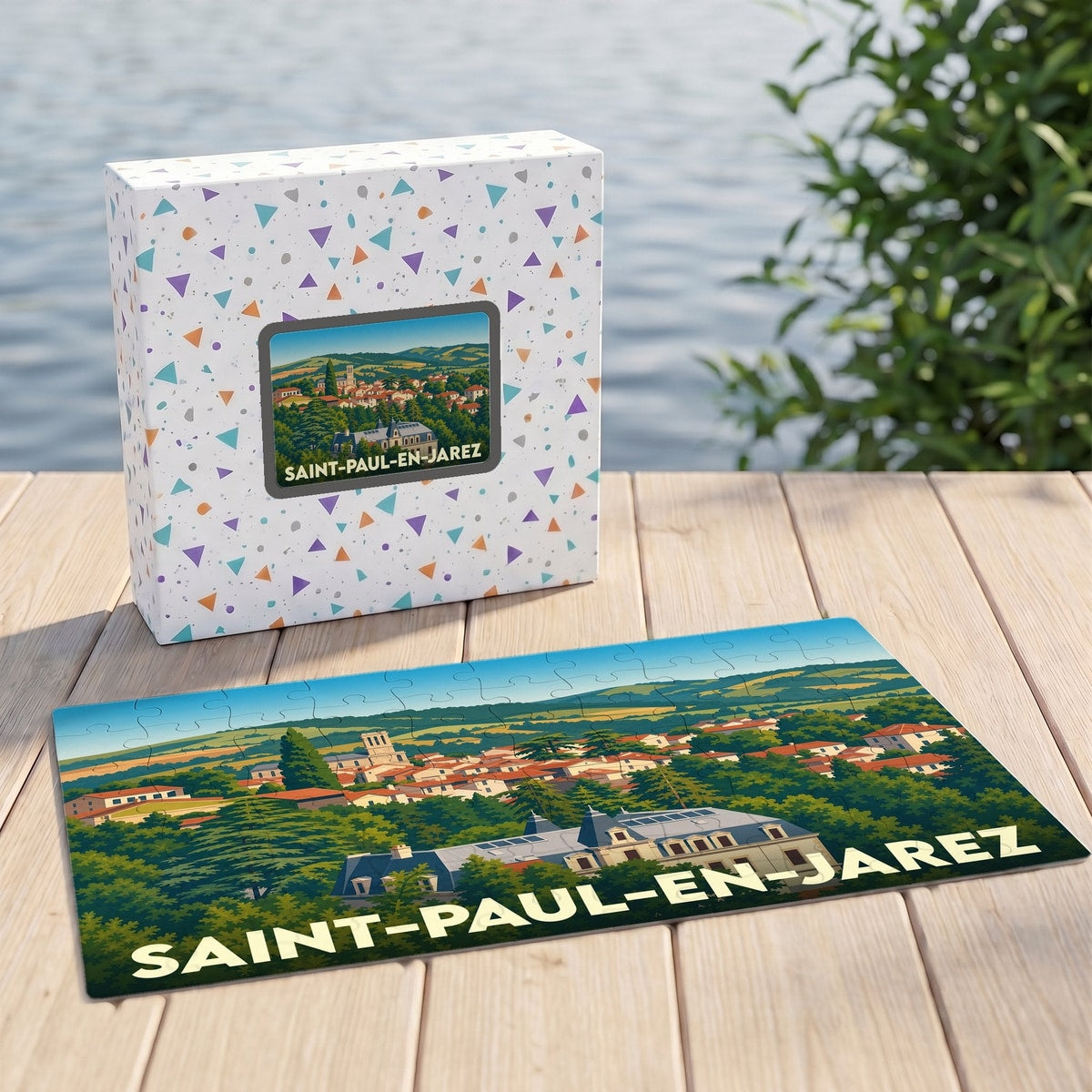 Puzzle souvenir de la ville de Saint-Paul-en-Jarez avec une illustration stylisée du paysage urbain et de la nature environnante.