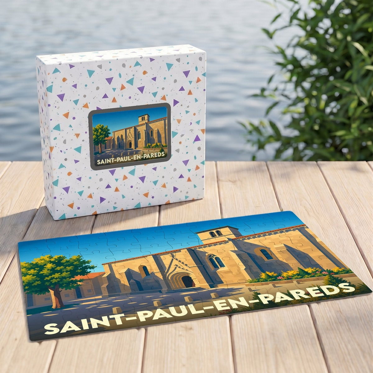 Puzzle souvenir de la ville de Saint-Paul-en-Pareds avec une illustration stylisée d'une église sous un ciel bleu.