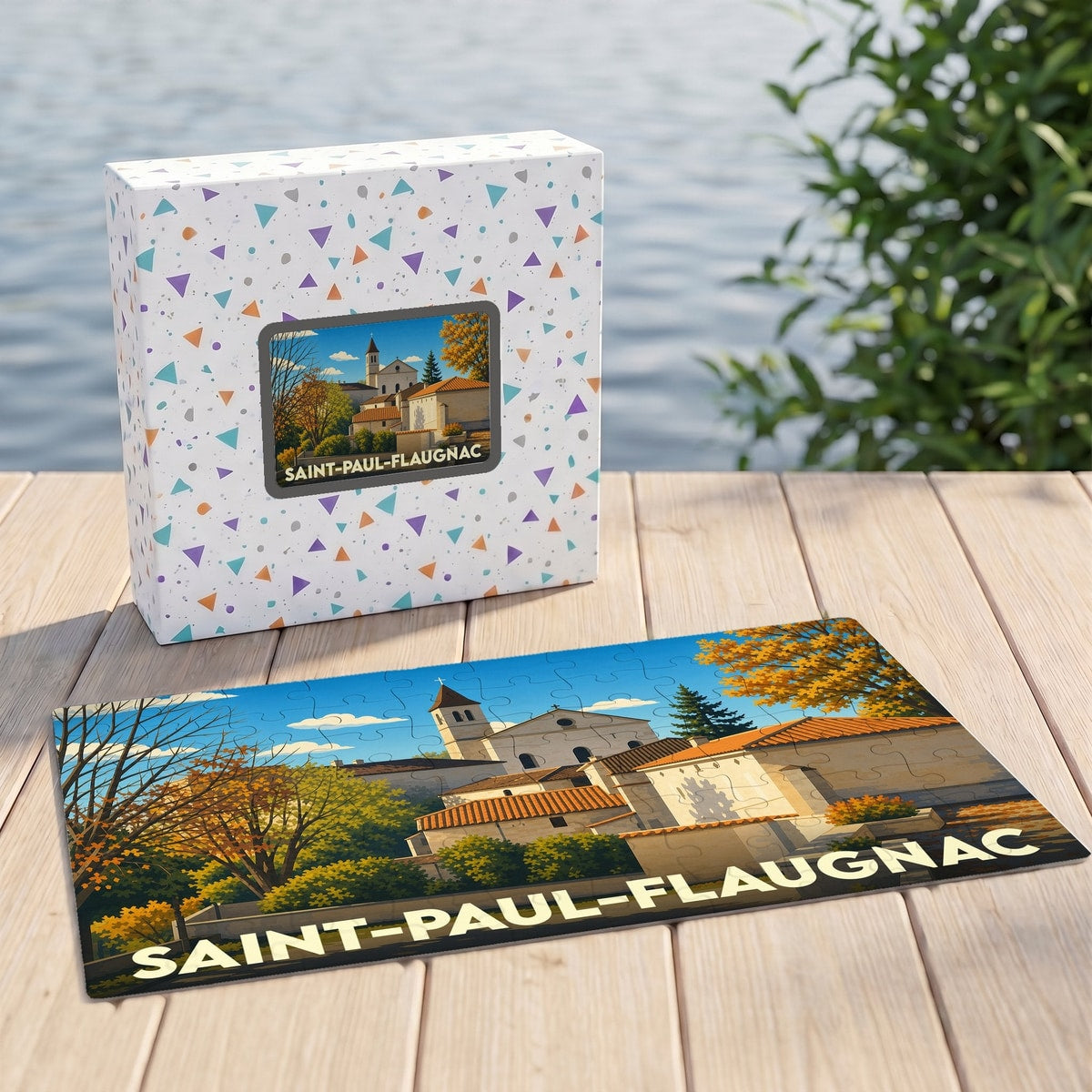 Puzzle souvenir de la ville de Saint-Paul-Flaugnac avec une illustration stylisée et colorée.
