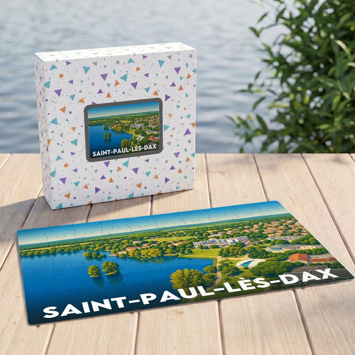 Puzzle souvenir de la ville de Saint-Paul-lès-Dax avec une illustration paysagère du lac.