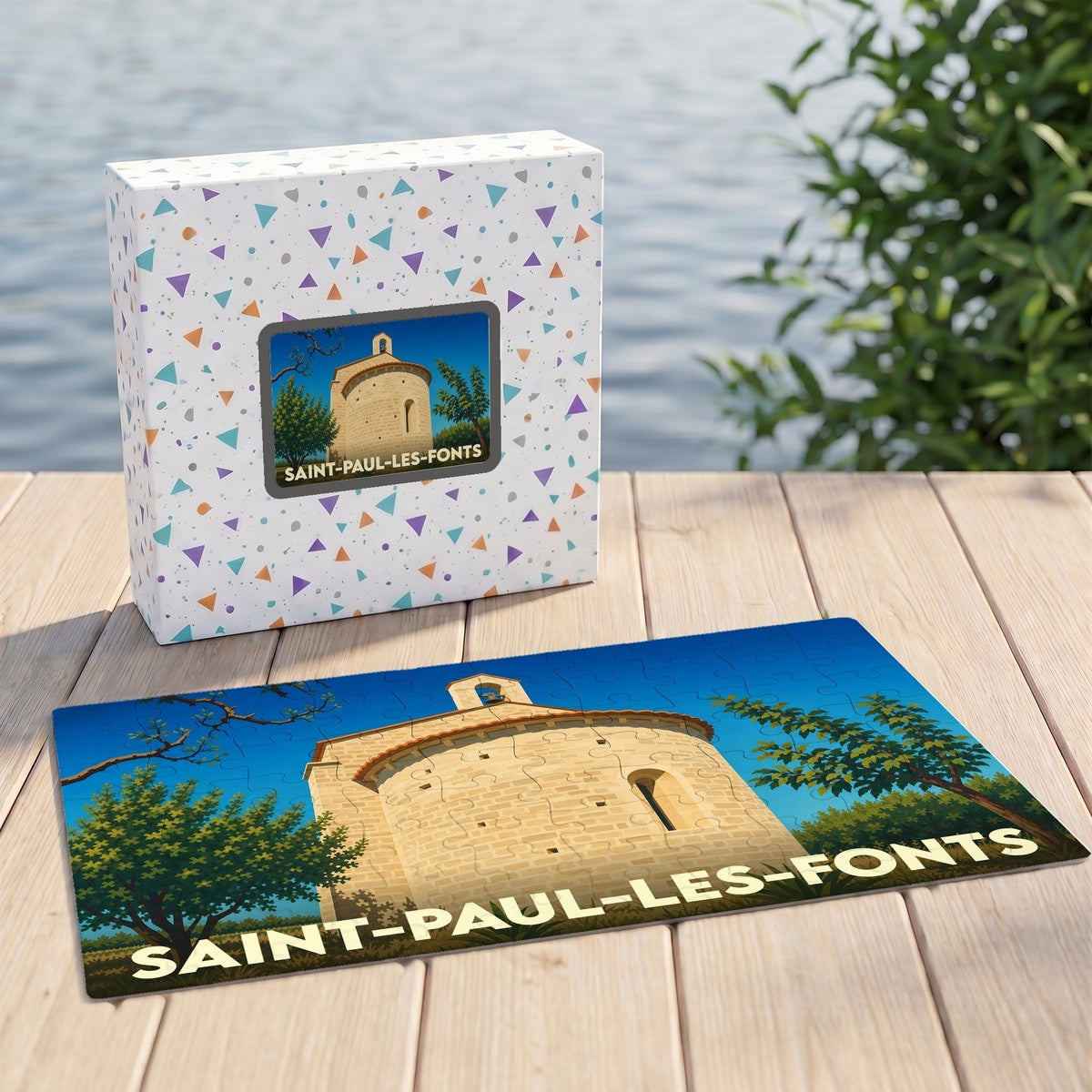 Puzzle souvenir de la ville de Saint-Paul-les-Fonts avec une illustration stylisée d'un édifice provençal.
