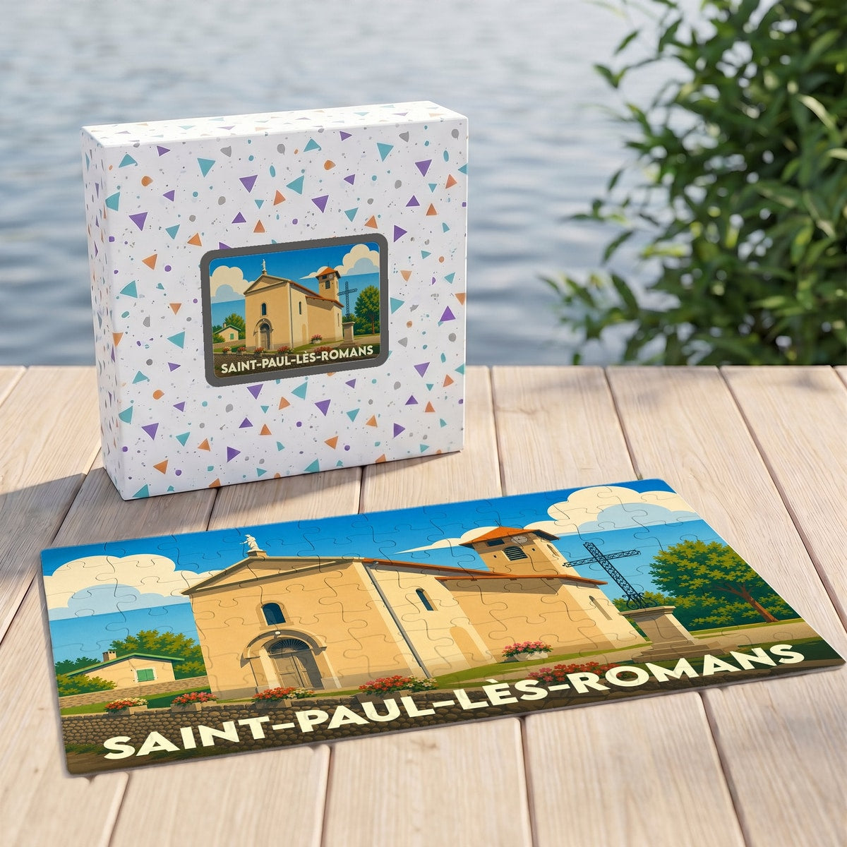 Puzzle souvenir de la ville de Saint-Paul-lès-Romans avec une illustration stylisée de son église.