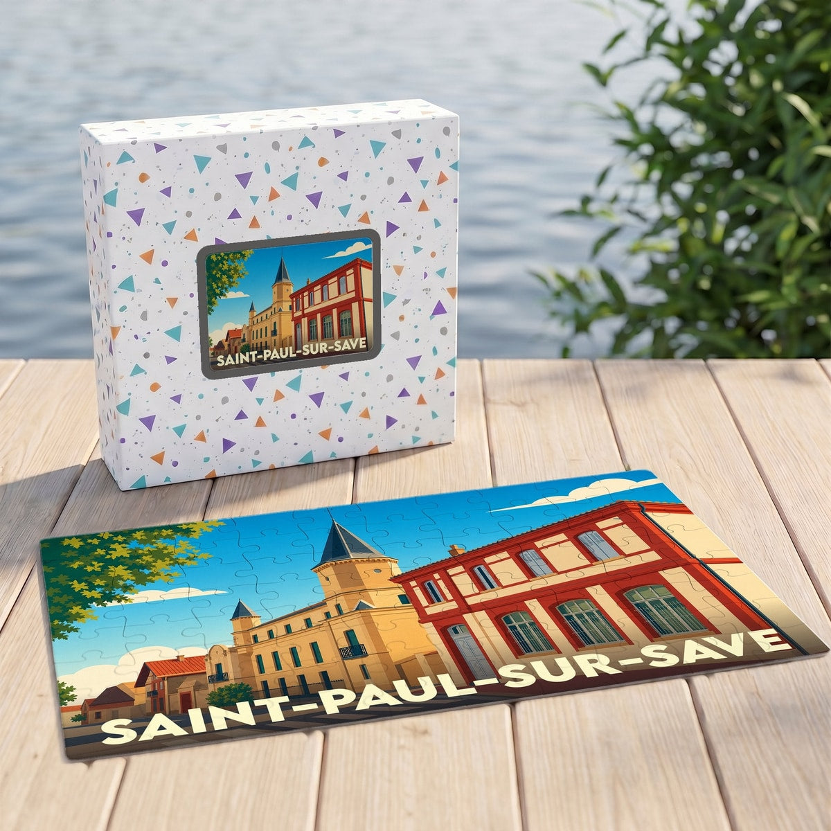 Puzzle souvenir de la ville de Saint-Paul-sur-Save avec une illustration stylisée et colorée.
