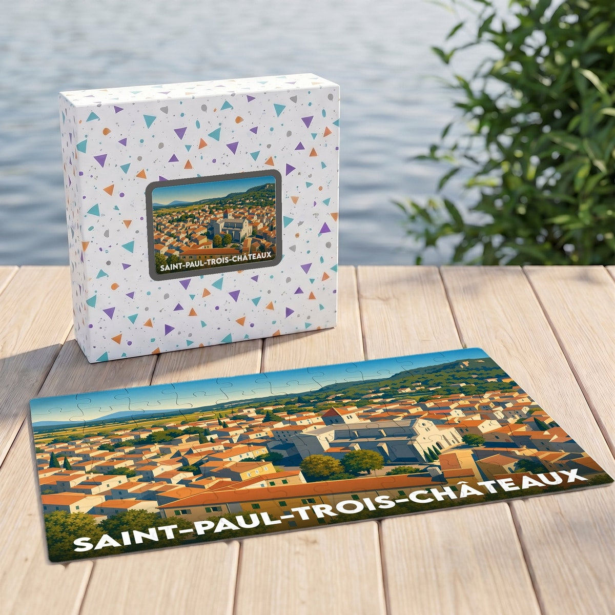 Puzzle souvenir de la ville de Saint-Paul-Trois-Châteaux avec une illustration panoramique stylisée.