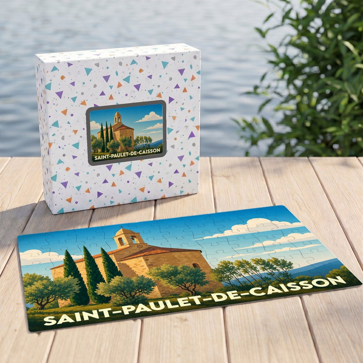 Puzzle souvenir de la ville de Saint-Paulet-de-Caisson avec une illustration stylisée et sa boîte assortie.