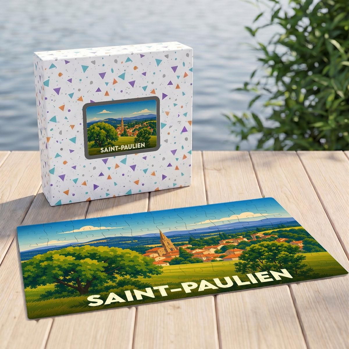 Puzzle souvenir de la ville de Saint-Paulien avec une illustration stylisée d'un paysage champêtre.