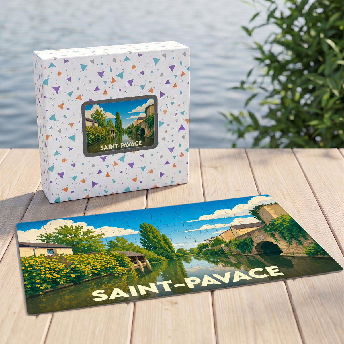 Puzzle souvenir de la ville de Saint-Pavace illustrant un paysage fluvial paisible.