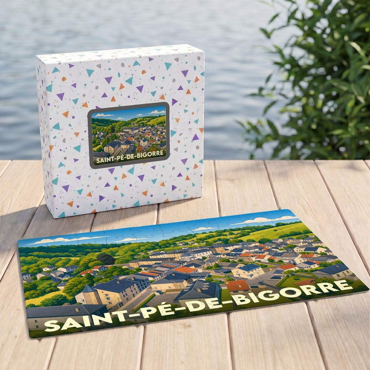 Puzzle souvenir de la ville de Saint-Pé-de-Bigorre avec une illustration paysagère stylisée, présenté devant sa boîte.