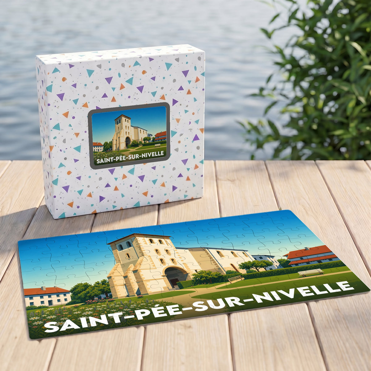 Puzzle souvenir de la ville de Saint-Pée-sur-Nivelle avec une illustration stylisée de son église.