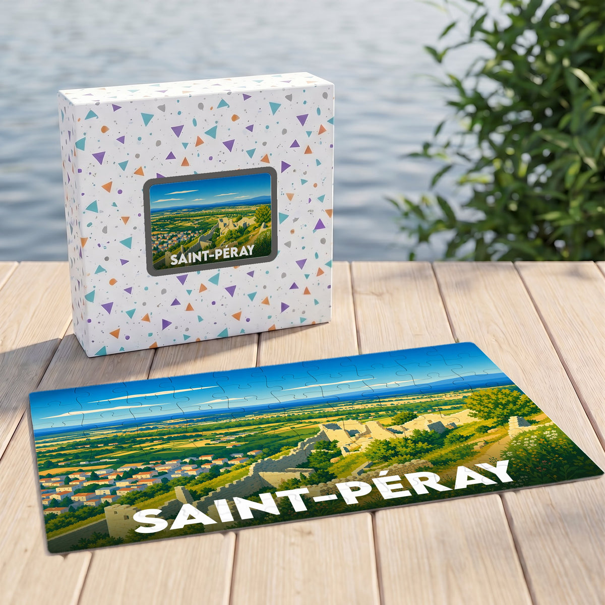 Puzzle souvenir de la ville de Saint-Péray avec une illustration paysagère stylisée.