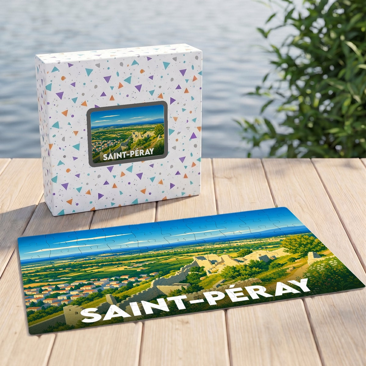 Puzzle souvenir de la ville de Saint-Péray avec une illustration paysagère stylisée.