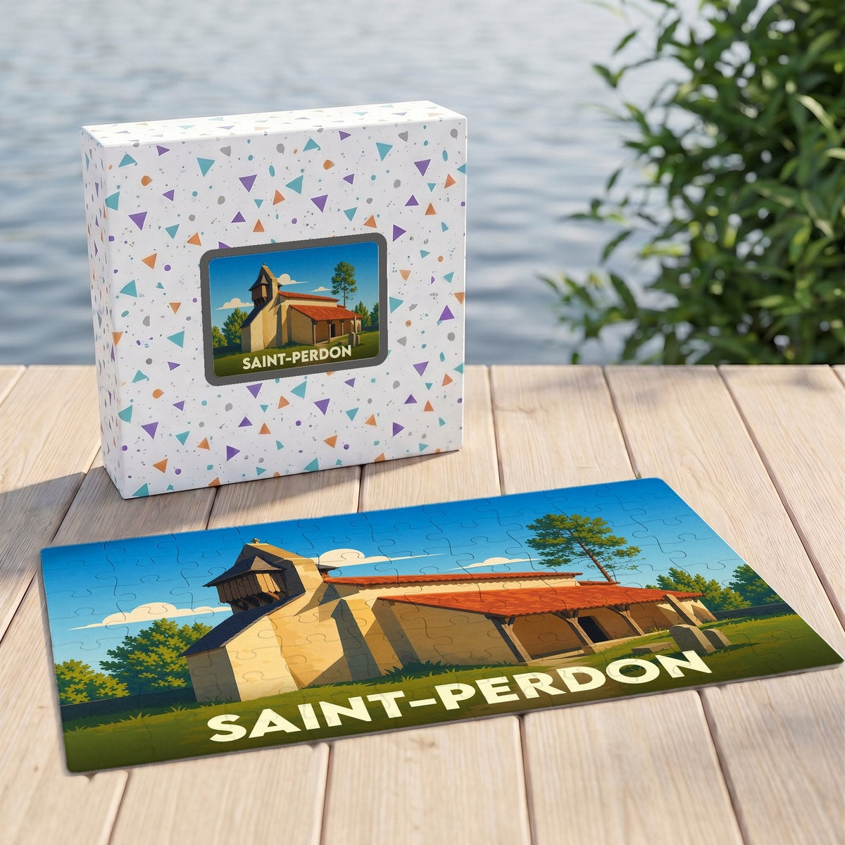 Puzzle souvenir de la ville de Saint-Perdon avec une illustration stylisée.