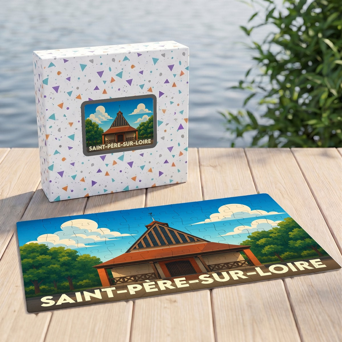 Puzzle souvenir de la ville de Saint-Père-sur-Loire avec une illustration stylisée d'un bâtiment traditionnel.