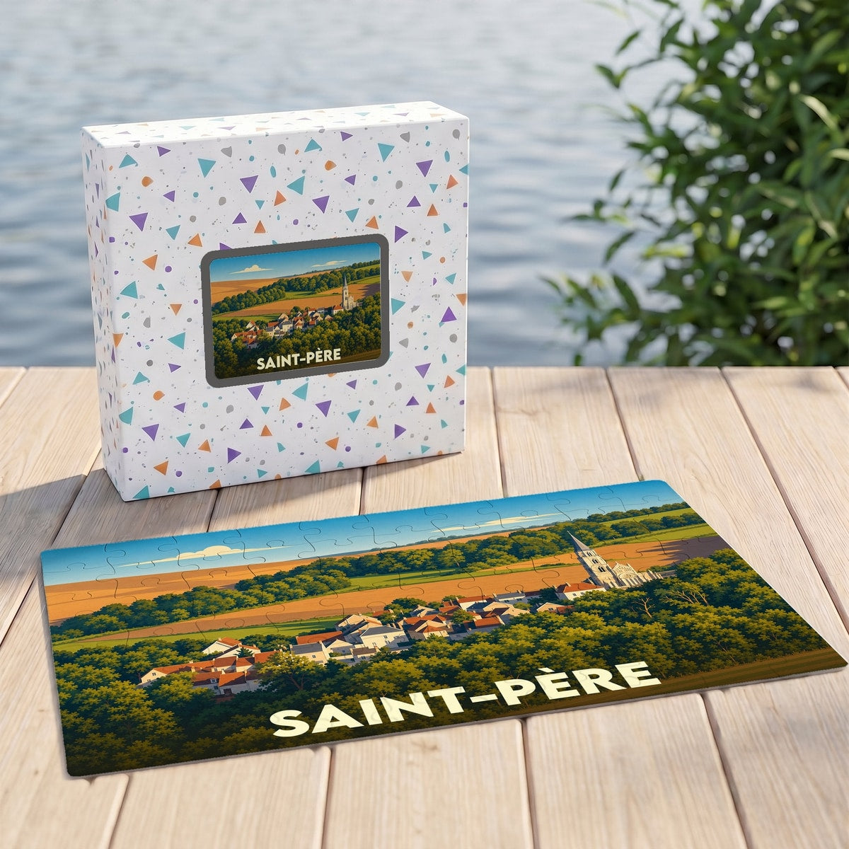 Puzzle souvenir de la ville de Saint-Père avec une illustration paysagère stylisée.