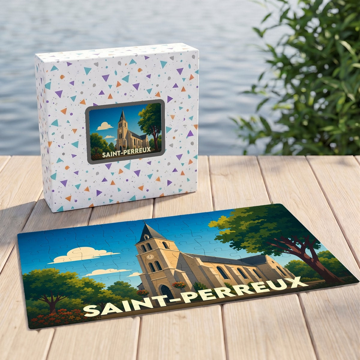 Puzzle souvenir de la ville de Saint-Perreux avec une illustration stylisée de son église.