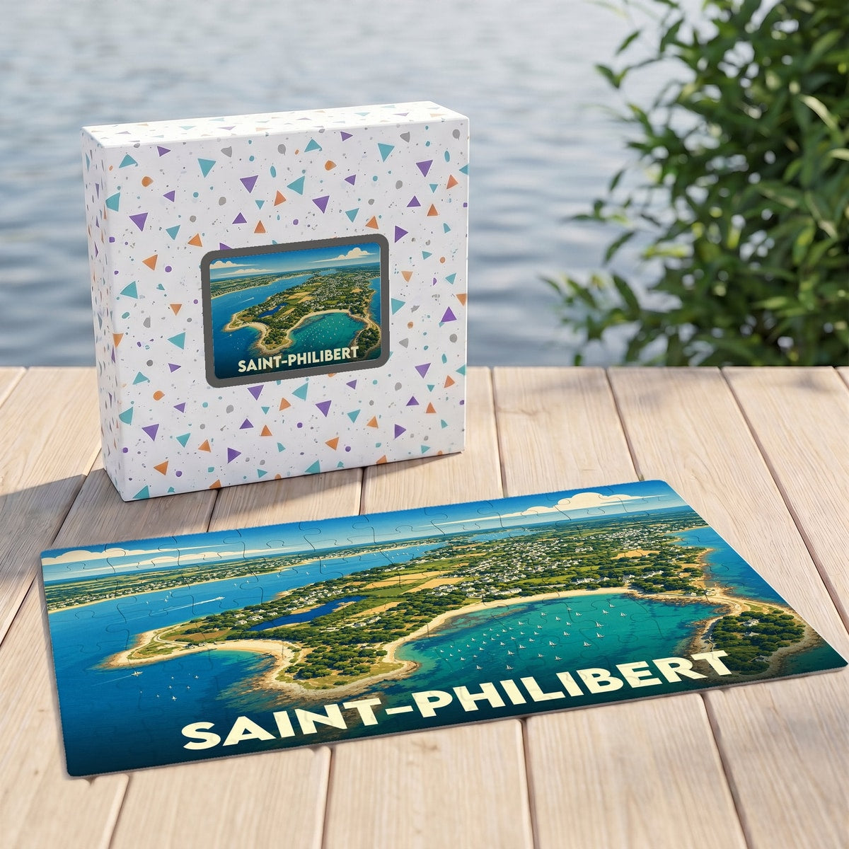 Puzzle souvenir de la ville de Saint-Philibert avec une illustration aérienne stylisée de son littoral.