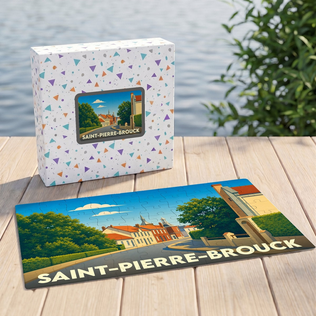 Puzzle souvenir de la ville de Saint-Pierre-Brouck représentant une rue illustrée dans un style rétro.