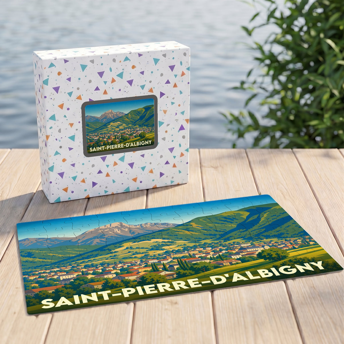 Puzzle souvenir de la ville de Saint-Pierre-d'Albigny avec une illustration stylisée de son paysage montagneux.