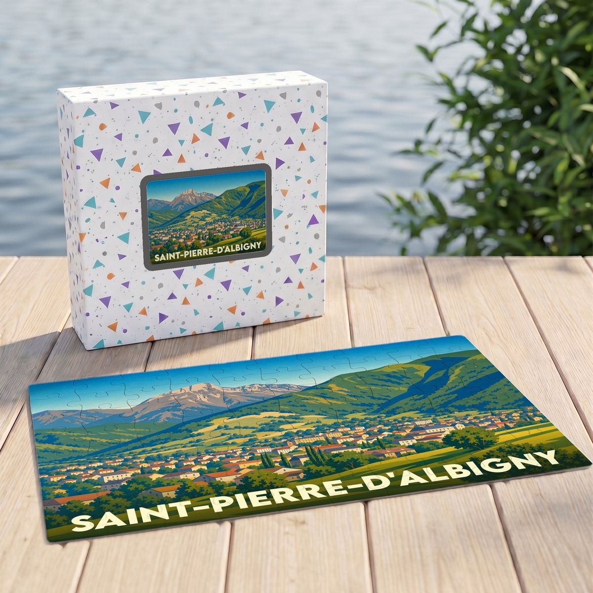 Puzzle souvenir de la ville de Saint-Pierre-d'Albigny avec une illustration stylisée d'un paysage montagneux.