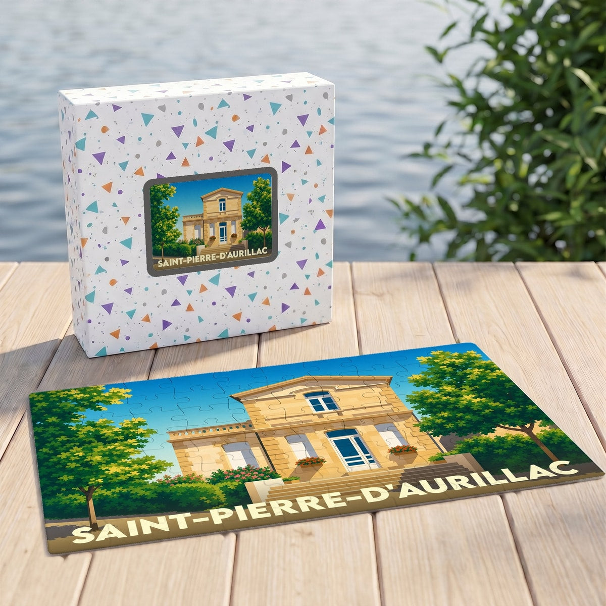 Puzzle souvenir de la ville de Saint-Pierre-d'Aurillac avec une illustration stylisée de sa mairie.