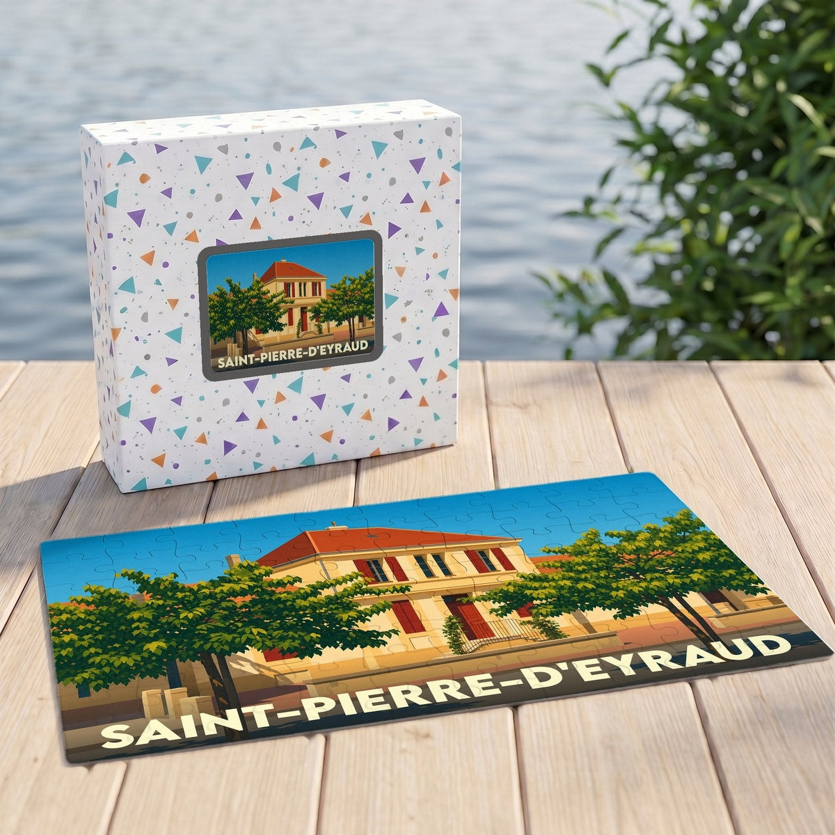 Puzzle souvenir de la ville de Saint-Pierre-d'Eyraud avec une illustration stylisée d'un bâtiment communal.