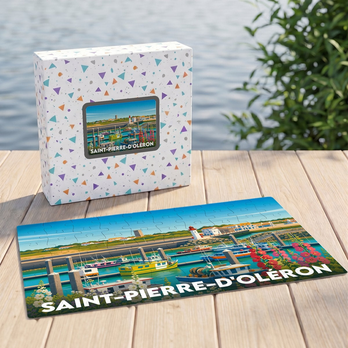 Puzzle souvenir de Saint-Pierre-d'Oléron avec une illustration colorée d'un port de plaisance.