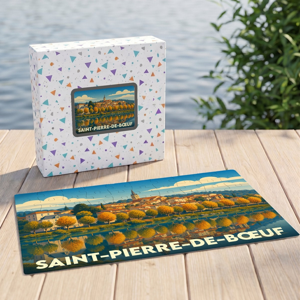 Puzzle souvenir de la ville de Saint-Pierre-de-Bœuf avec une illustration stylisée et colorée.