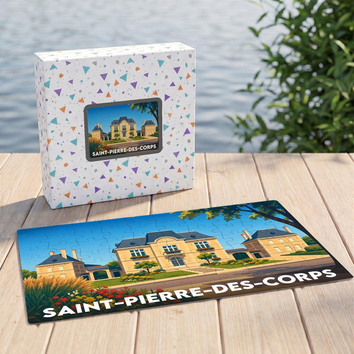 Puzzle souvenir de la ville de Saint-Pierre-des-Corps avec une illustration stylisée d'un manoir.