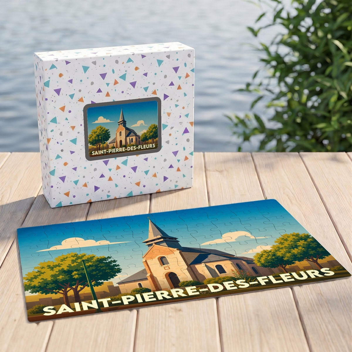 Puzzle souvenir de la ville de Saint-Pierre-des-Fleurs avec une illustration stylisée d'une église sous un ciel bleu.