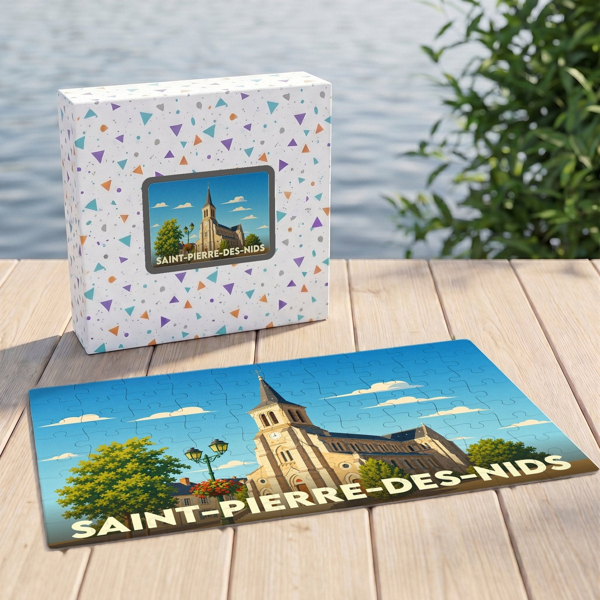 Puzzle souvenir de la ville de Saint-Pierre-des-Nids illustré d'une vue stylisée de son église.