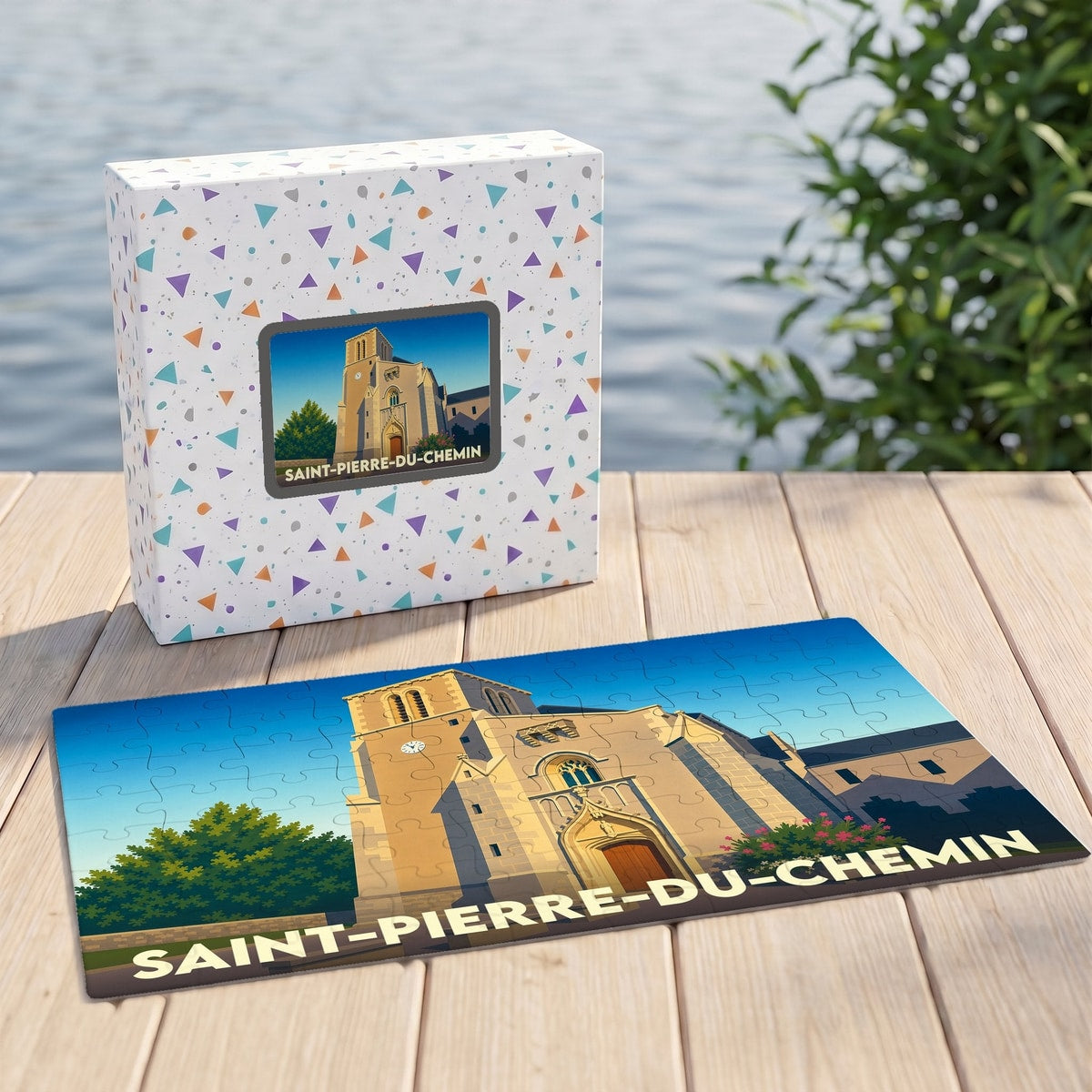 Puzzle souvenir de la ville de Saint-Pierre-du-Chemin avec une illustration stylisée de son église.