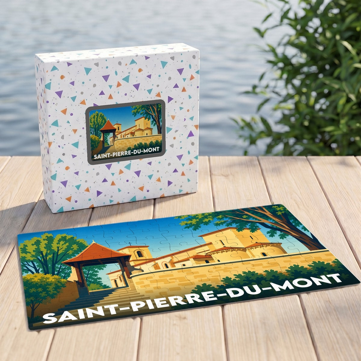 Puzzle souvenir de la ville de Saint-Pierre-du-Mont présentant une illustration stylisée de son patrimoine architectural.