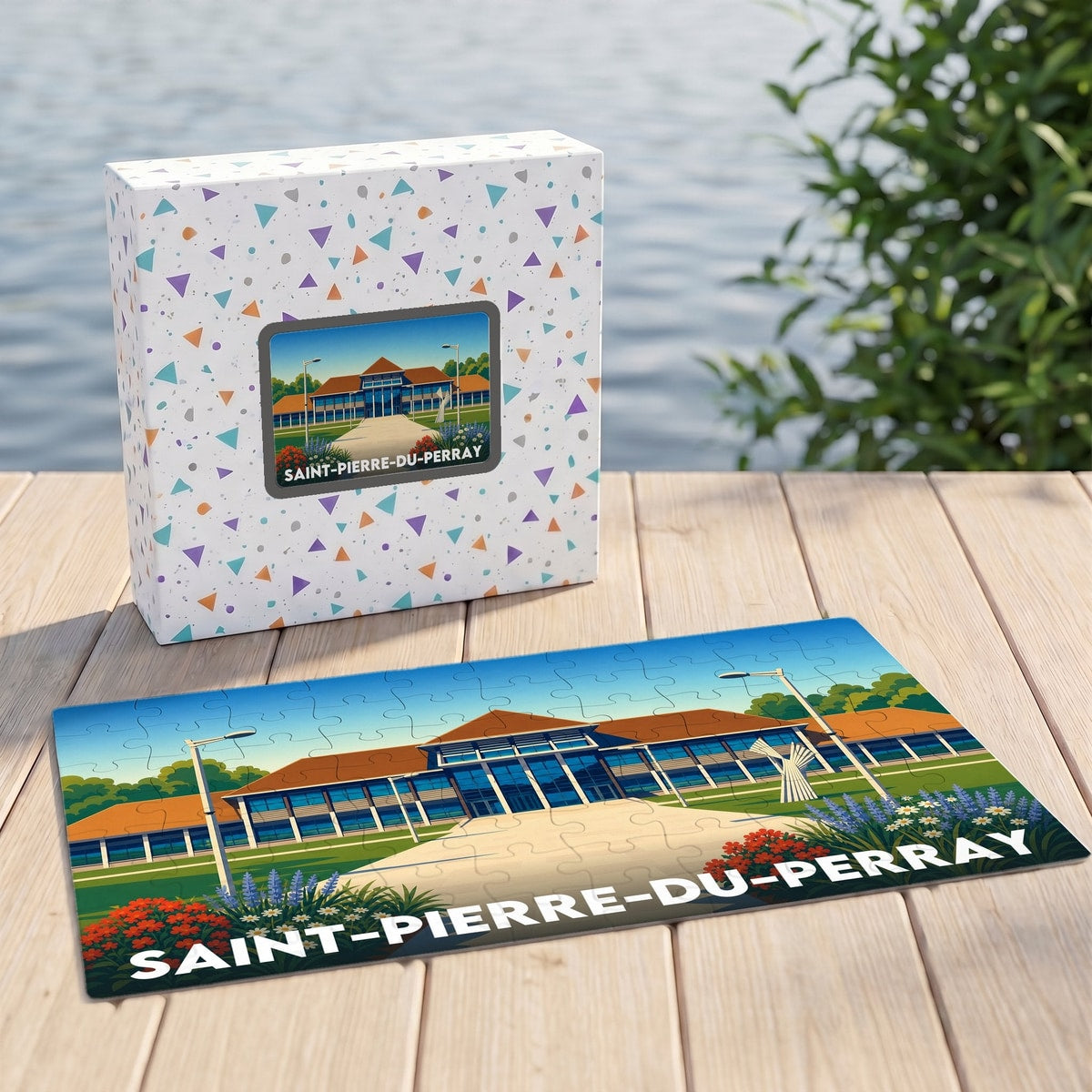 Puzzle souvenir de la ville de Saint-Pierre-du-Perray avec une illustration colorée de l'hôtel de ville.