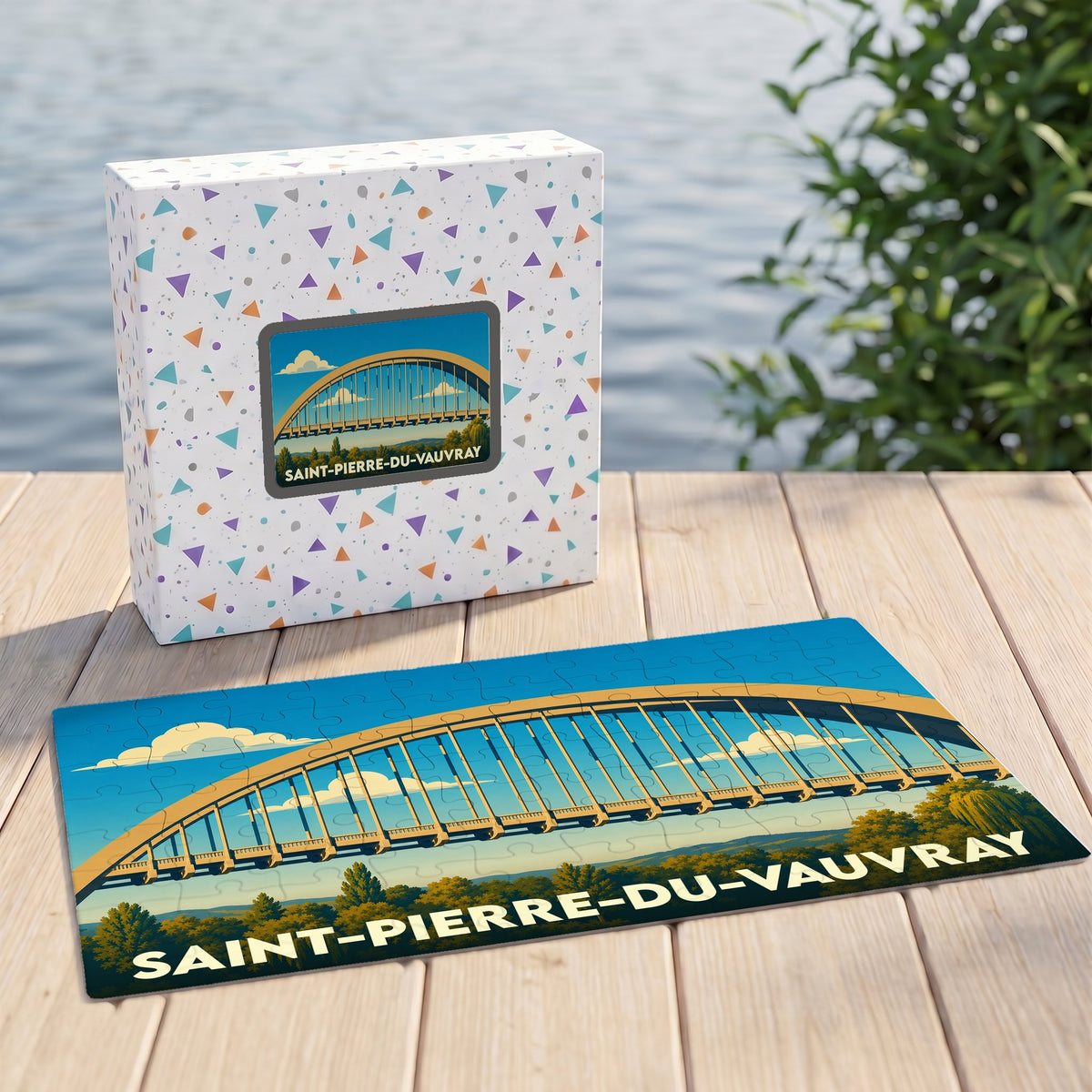 Puzzle souvenir de la ville de Saint-Pierre-du-Vauvray avec une illustration stylisée de son pont en arc.